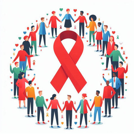 World Aids Day concept. Group of people with red ribbon. Vector illustrationのイラスト素材