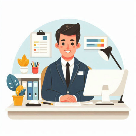 Vector illustration of a businessman working at his desk in the office.のイラスト素材