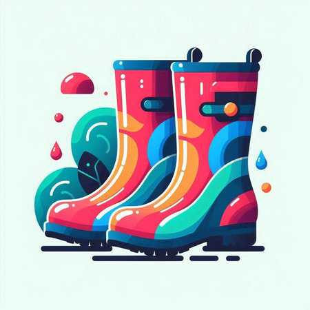 Colorful rubber boots with drops of water. Vector illustration in flat cartoon style.のイラスト素材