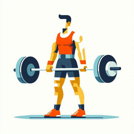 Fitness man with barbell. Vector illustration in flat style.のイラスト素材