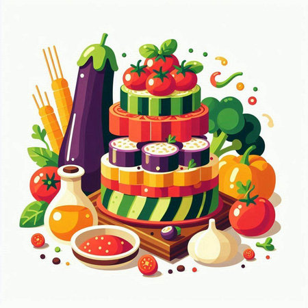 Vegetarian food vector illustration. Cucumber, eggplant, tomato, pepper, onion, soy sauce.のイラスト素材