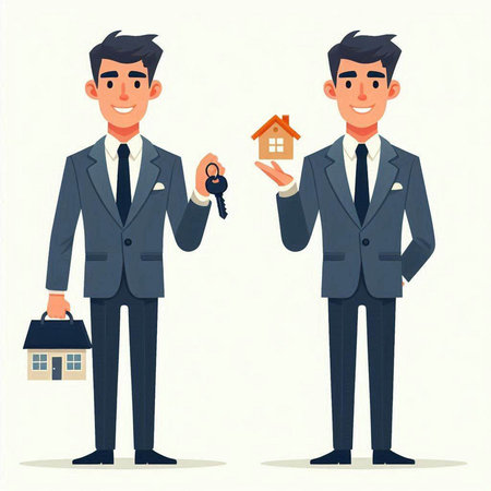 Real estate agent and buyer. Vector illustration in flat cartoon style.のイラスト素材