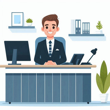 Businessman at the desk in office. Vector illustration in cartoon styleのイラスト素材