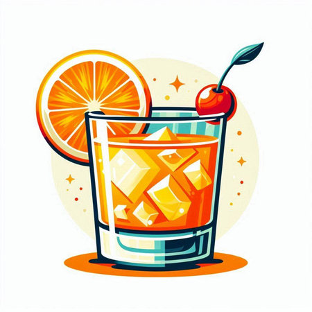 Cocktail with orange, ice and cherry. Vector illustration.のイラスト素材