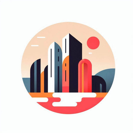 Modern cityscape round icon. Vector illustration of a modern city.のイラスト素材