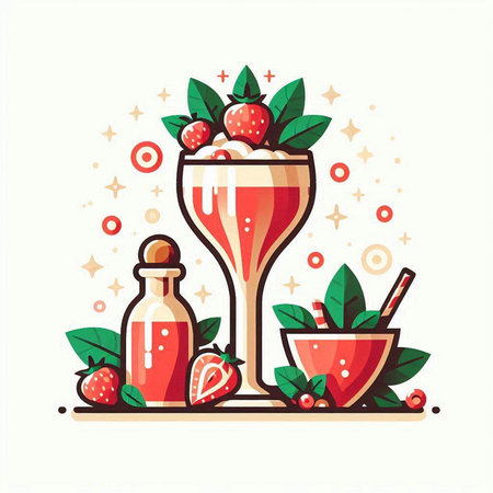Strawberry cocktail in a glass with ice cream. Vector illustration.のイラスト素材