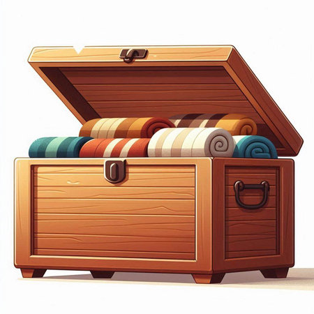 Wooden chest with towels on a white background. Vector illustration.のイラスト素材