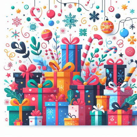 Christmas and New Year background with gifts and decorations. Vector illustration.のイラスト素材