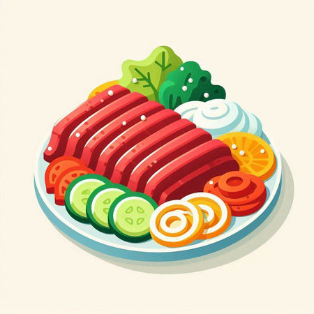 Sausage with vegetables on plate. Vector illustration in flat styleのイラスト素材