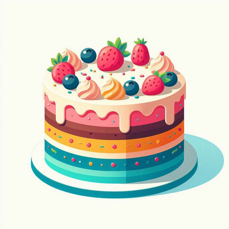 Cake with strawberries, blueberries and cream. Vector illustration.のイラスト素材