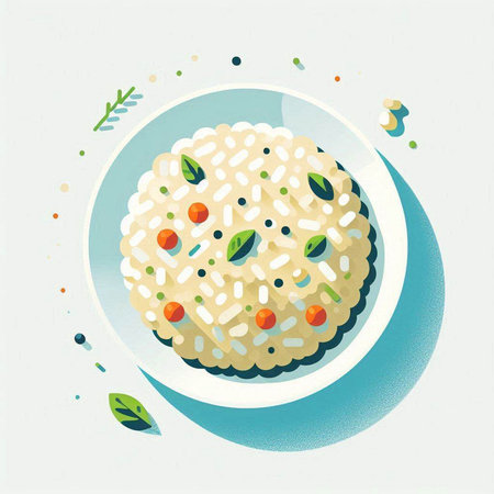 Risotto with tomatoes and basil in a blue plate on a white backgroundのイラスト素材