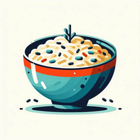 Rice porridge in bowl. Vector illustration in cartoon style.のイラスト素材