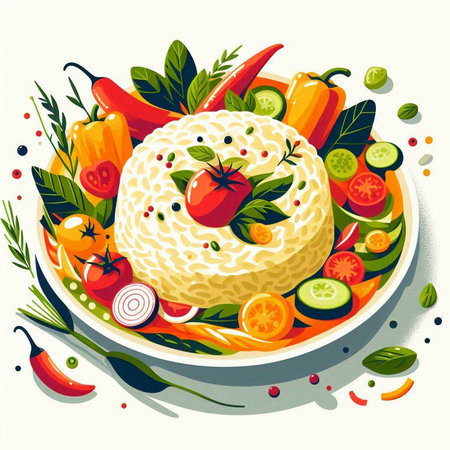 Illustration of vegetarian dish with rice, tomatoes, cucumbers, peppers and greensのイラスト素材