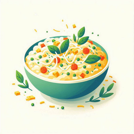 Illustration of a bowl of noodles with vegetables and herbs on a white backgroundのイラスト素材