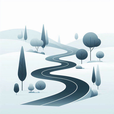 Winter landscape with road and trees. Vector illustration. Eps 10.のイラスト素材