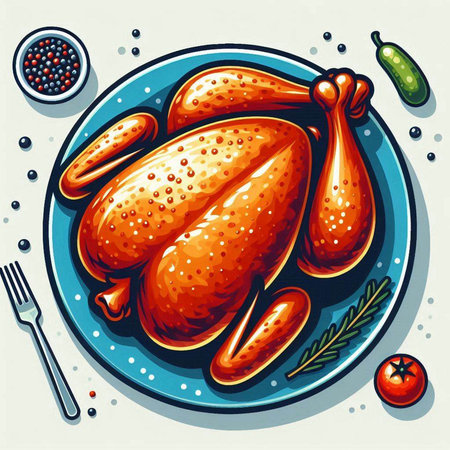Roast chicken on a plate. Vector illustration in retro style.のイラスト素材