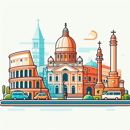 Cityscape of Rome, Italy. Colosseum, Basilica of St. Peter and Paul. Vector illustration.のイラスト素材