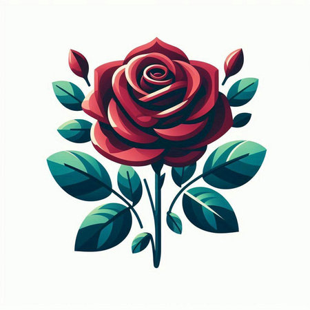 Red rose with green leaves on a white background. Vector illustration.のイラスト素材