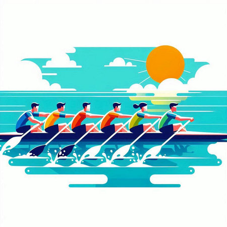Group of young people rowing on the lake. Vector illustration.のイラスト素材