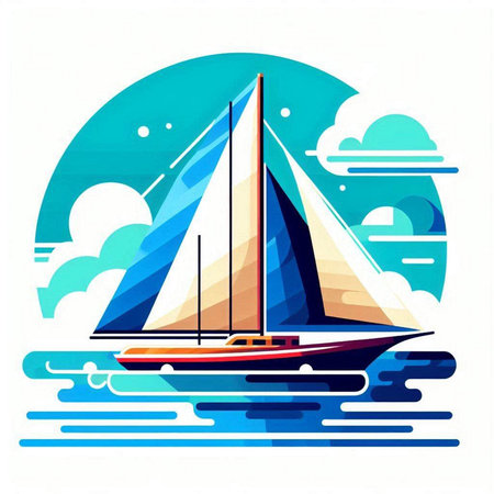 Sailing boat on the sea. Vector illustration in flat style.のイラスト素材
