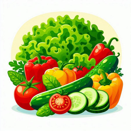 Vegetables vector illustration. Tomato, pepper, cucumber, tomato, bell pepper and lettuceのイラスト素材