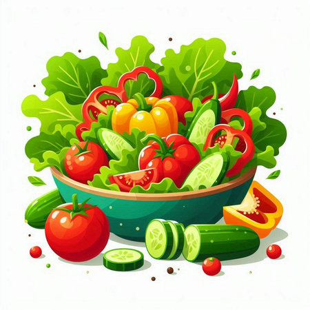 Fresh vegetable salad in a bowl isolated on white background. Vector illustration.のイラスト素材
