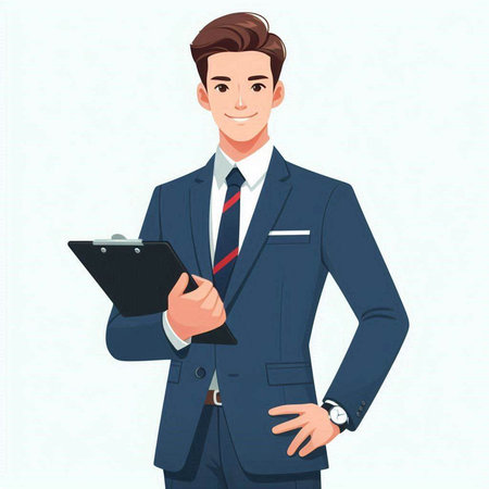 Businessman in a suit with a clipboard. Vector illustration in cartoon style.のイラスト素材