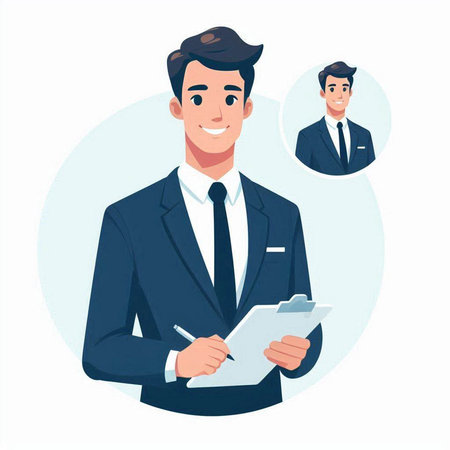 Businessman in suit signing contract. Vector illustration in cartoon style.のイラスト素材