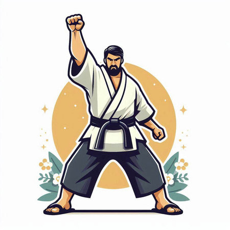 Karate man in kimono with a black belt. Vector illustration.のイラスト素材