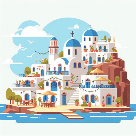 Santorini island. Greece. Vector illustration in flat styleのイラスト素材