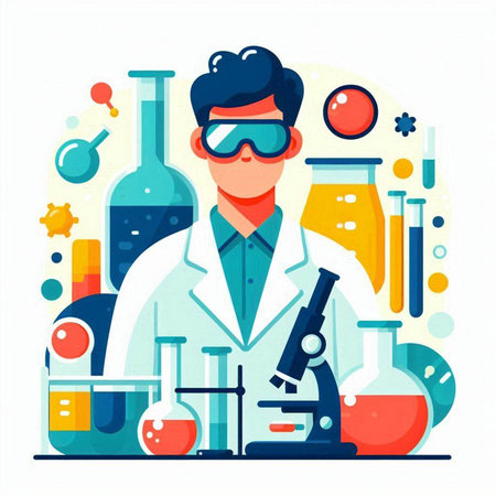 Scientist in laboratory. Vector illustration in flat design style for web banners, web sites, printed materials.のイラスト素材