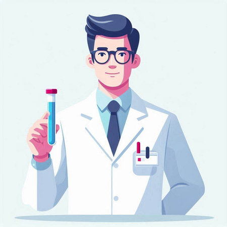 Male scientist holding test tube with blood sample. Vector illustration in cartoon styleのイラスト素材