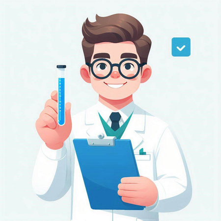 Vector illustration of a male doctor holding a test tube and clipboard.のイラスト素材
