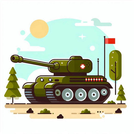 Military tank on a background of green trees. Flat vector illustration.のイラスト素材