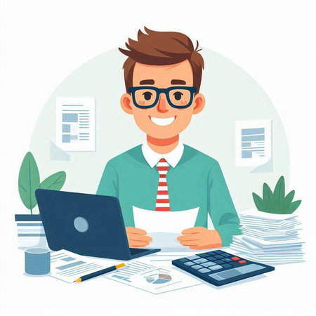 Young man sitting at the desk with laptop and documents. Businessman at work. Vector illustrationのイラスト素材