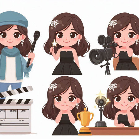 Cute cartoon girl with various hairstyle and accessories. Vector illustration.のイラスト素材