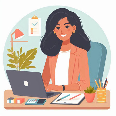 Businesswoman working at the office. Vector illustration in cartoon style.のイラスト素材