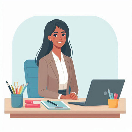 Vector illustration of a young businesswoman sitting at the desk in officeのイラスト素材