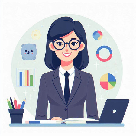 Young business woman working at her desk in office. Vector illustration.のイラスト素材