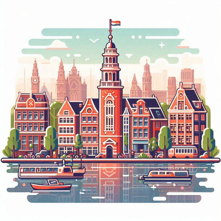 Amsterdam, Netherlands. Cityscape with old buildings and boats. Vector illustration.のイラスト素材