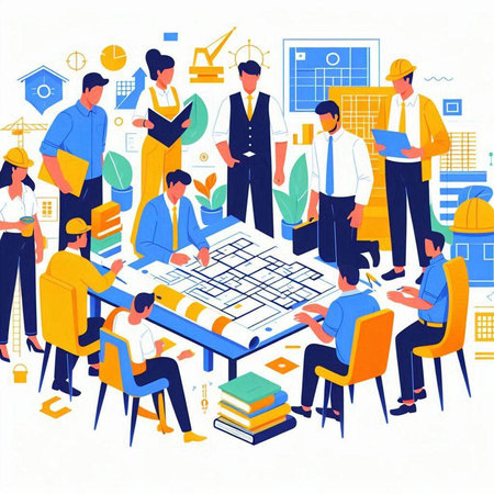 Architects and engineers working on project in flat design. Vector illustrationのイラスト素材