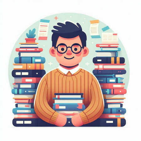 Man with pile of books. Back to school concept. Vector illustrationのイラスト素材