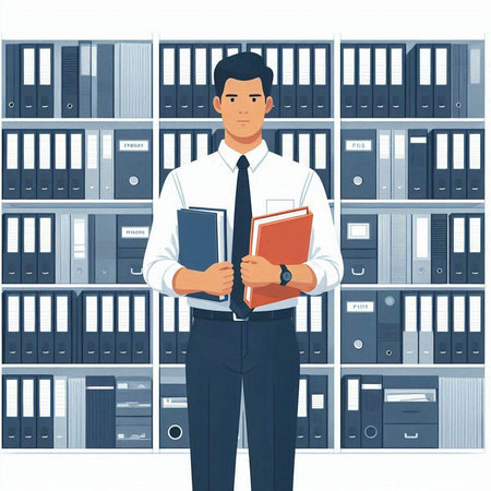 Businessman with folders in office. Vector illustration in flat style.のイラスト素材