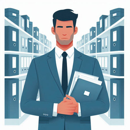 Businessman holding folders in office. Vector illustration in cartoon style.のイラスト素材