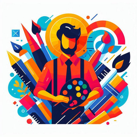 Artist with palette and brush in his hands. Flat vector illustration.のイラスト素材