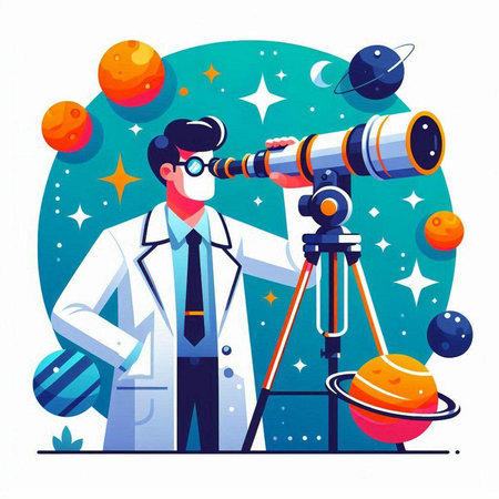 Scientist with telescope and planets. Vector illustration in flat cartoon styleのイラスト素材