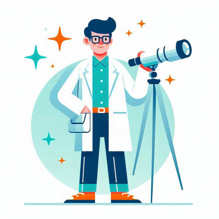 Scientist with telescope. Vector illustration in flat cartoon style. Scientist with a telescope.のイラスト素材