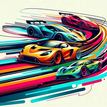 Sport cars racing on the road. Colorful background. Vector illustration.のイラスト素材