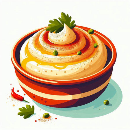 Vegetable hummus with parsley in a bowl. Vector illustration.のイラスト素材