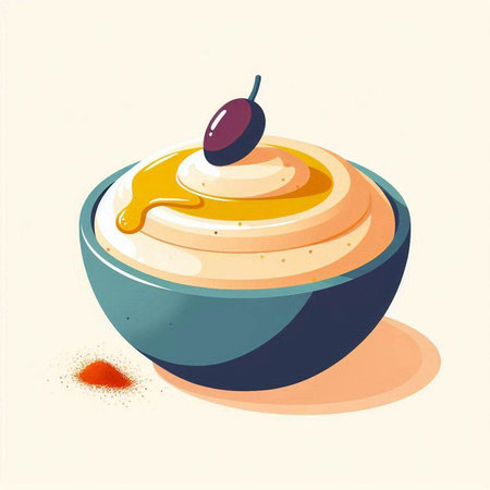 Illustration of a bowl of hummus with olives and olive oilのイラスト素材